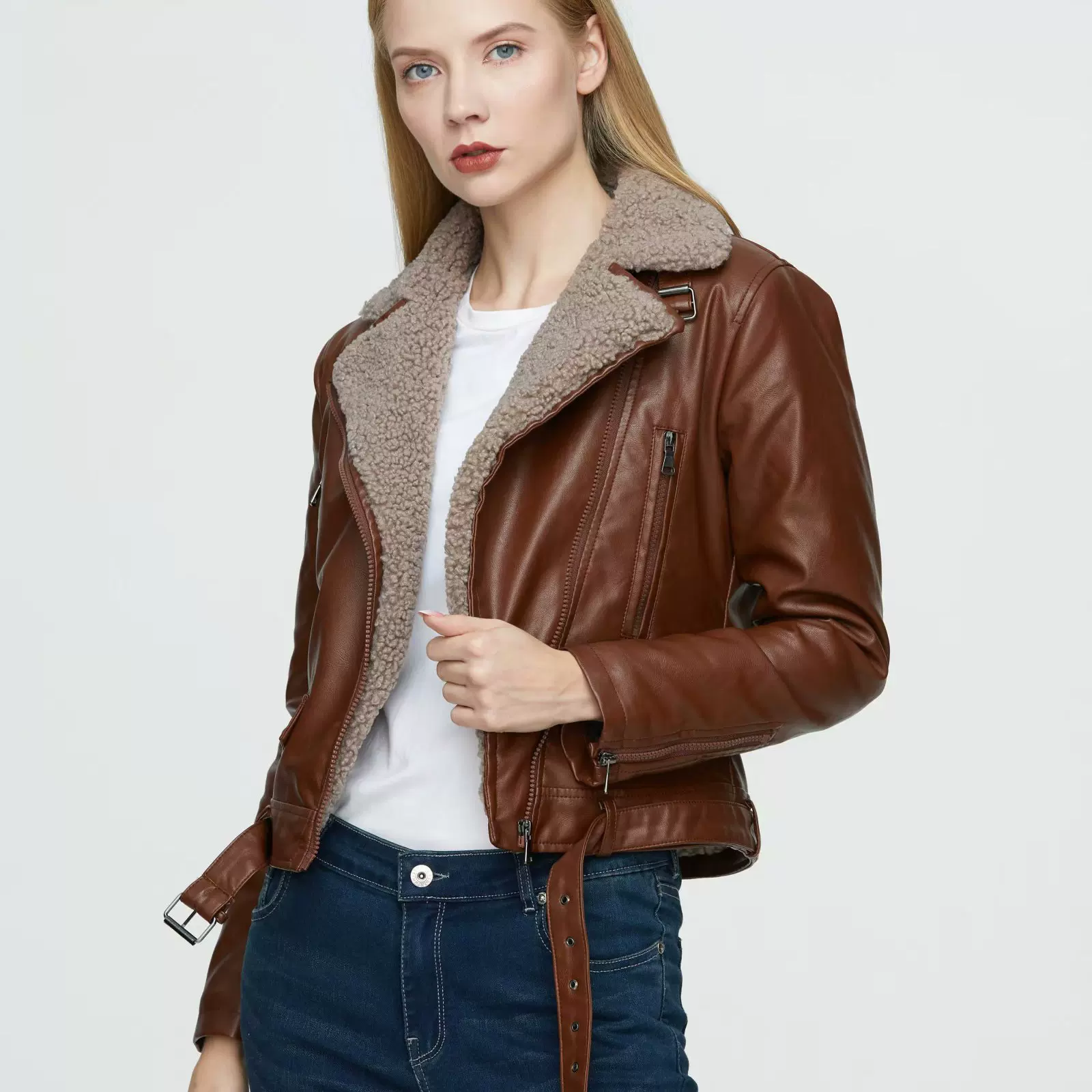 速卖通ebay外贸秋冬皮毛一体仿羊羔毛机车服加厚皮衣夹克女皮外套