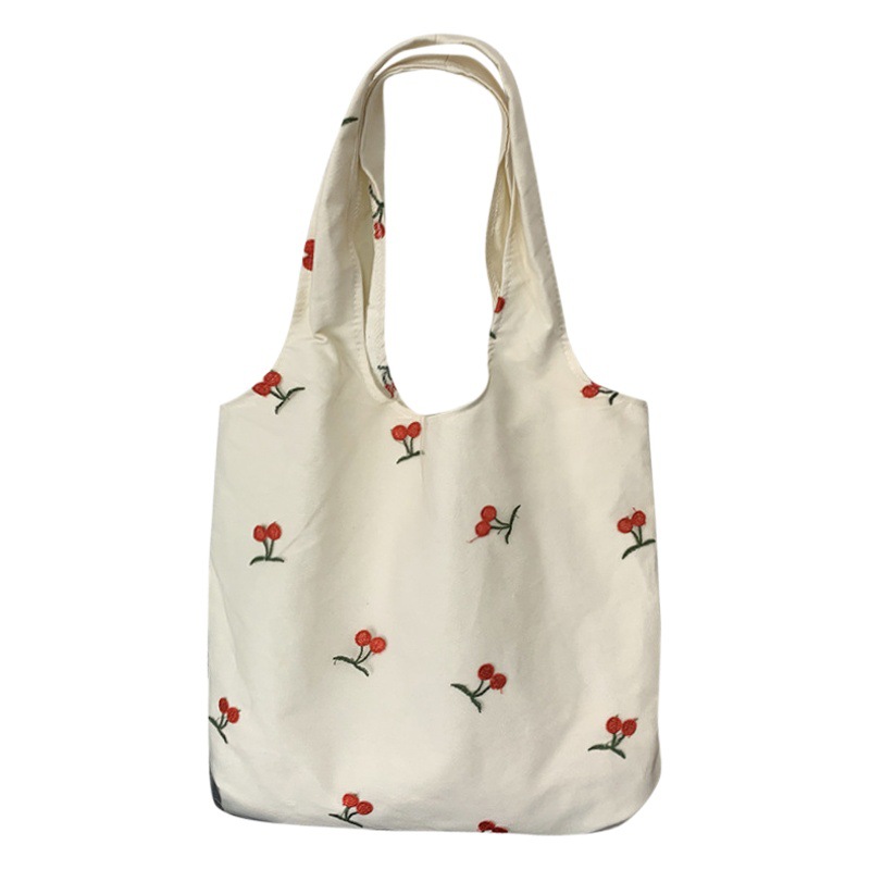 Bolso de lona de malla con bordado de cereza pequeña Bolso de hombro para mujer Estilo de chaleco Pequeño estilo de arte fresco Bolso de clase para estudiantes