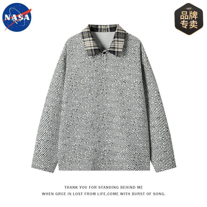 NASA品牌高级感重磅POLO衫长袖上衣男士春秋潮牌休闲宽松痞帅衬衫|undefined