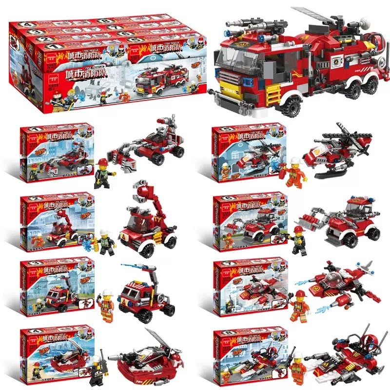 Hot Selling Compatible Lego Building Blocks Fire Truck Police Car Plug-In 8-in-1 Science and Education Particles Boy Gift Cross-Border