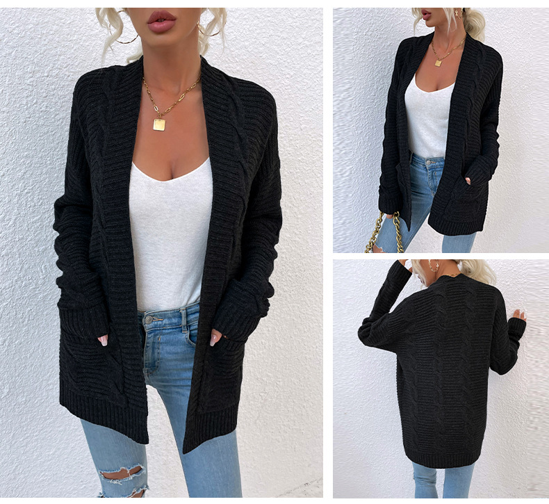 Twist Mid-Length Pocket Knitted Cardigan Coat in Sweaters