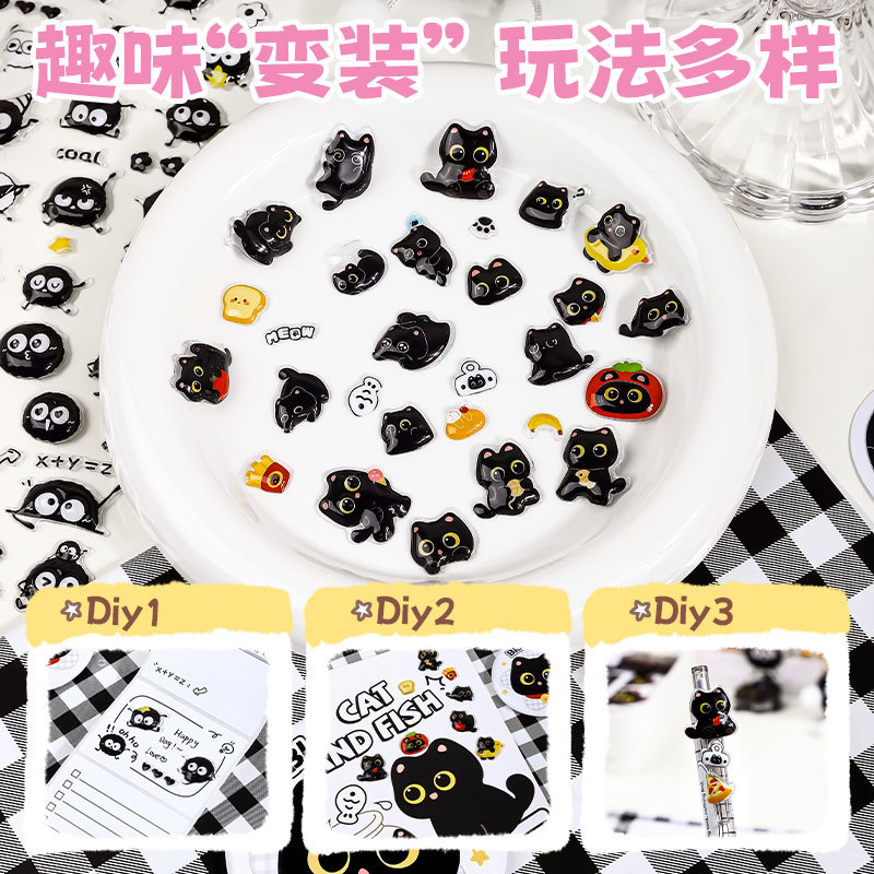 Pegatinas para niños niñas 3D pegatinas en relieve estereoscópico manzana gato negro lindo cartón de dibujos animados pegatinas divertidas materiales de cuentas de mano