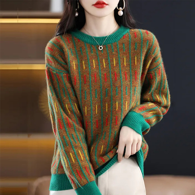 Sweater Women's Loose Outer Wear Round Neck Pullover Outer Wear Top Autumn and Winter New Color Matching Slimming All-match Knitted Base Shirt