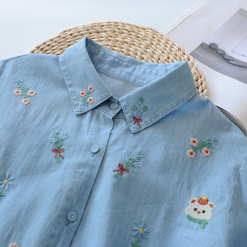 Spring New Japanese Style Sweet Fresh Flower and Bear Embroidered Long Sleeve Shirt Women's Loose Denim Shirt