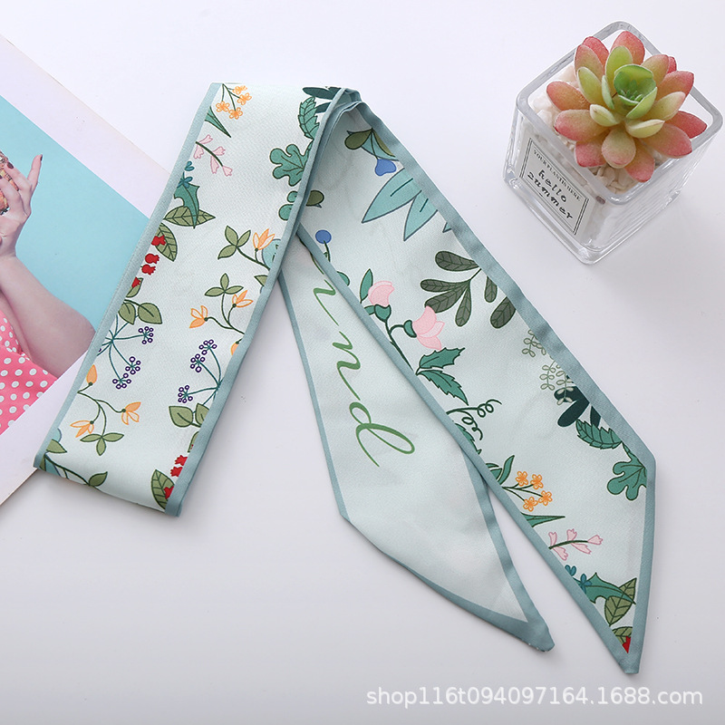 Cinta de primavera impresión larga estrecha ángulo pequeña bufanda de seda elegante estilo coreano banda de pelo bolsa de accesorios para el cabello entrega de una sola pieza