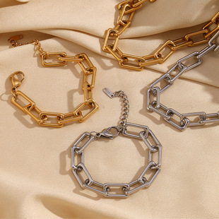 European and American Ins Fashion Simple Niche High-End Necklace Stainless Steel Plated 18K Gold Square Buckle Handmade Chain Bracelet for Women