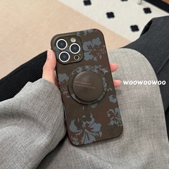 小衆レトロ茶色花皮紋磁気吸引携帯ケーススタンドはアップル15iphone16promax新モデル14女13気質高級感ソフトシェル菲林ハードケースを適用している
