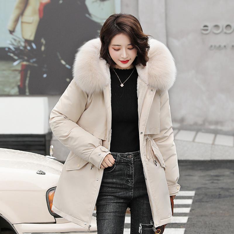 Fábrica parka de las mujeres de mediados de longitud 2023 invierno nuevo estilo coreano suelta gran cuello de piel de moda engrosada abrigo de algodón acolchado image 7