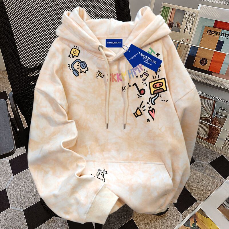 American Korean Style Cute and Interesting Graffiti Printed Hooded Sweatshirt for Women Autumn and Winter Vibe Lazy Tie-Dye Khaki Top
