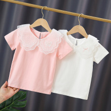 一件代销童装女童短袖t恤夏季纯棉蕾丝儿童夏装半袖娃娃领上衣潮6