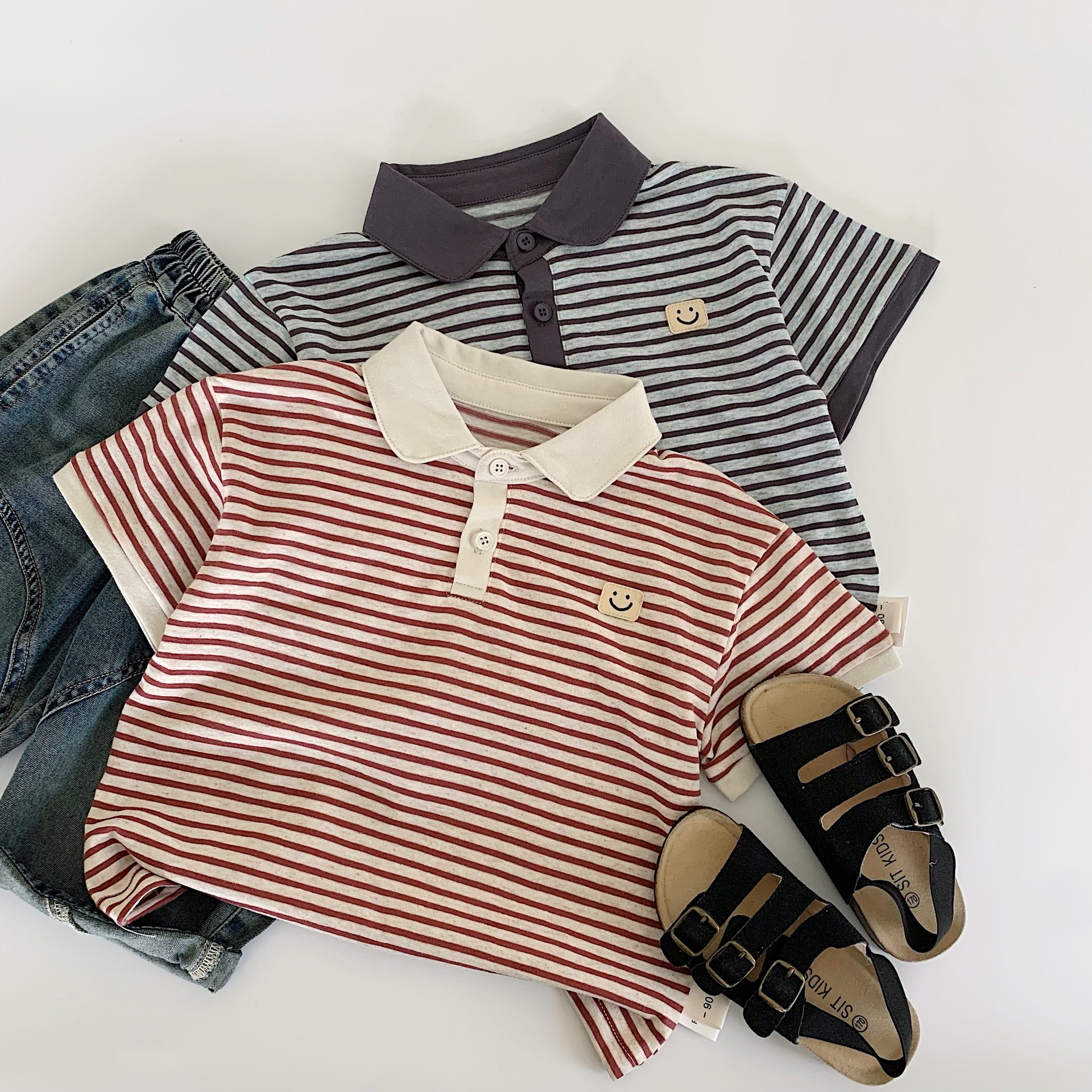 Camiseta de manga corta de verano para niños 2025 nuevo estilo coreano polo a rayas para niños