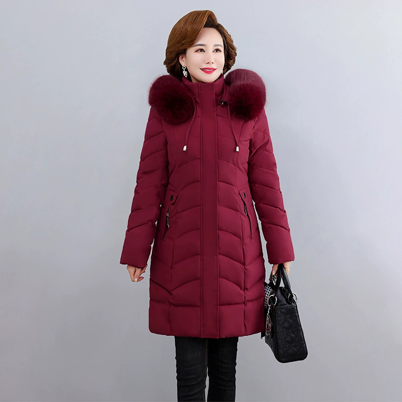 Новая Женская Стеганая куртка средней длины для женщин среднего и пожилого возраста, пальто для матери с шерстяным воротником, утепленное Стеганое пальто с капюшоном
