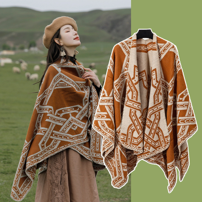 Bohemian Chain Split Towel Warm Shawl Thickened Xizang Northwest Desert Windproof Cape Women's Tourism