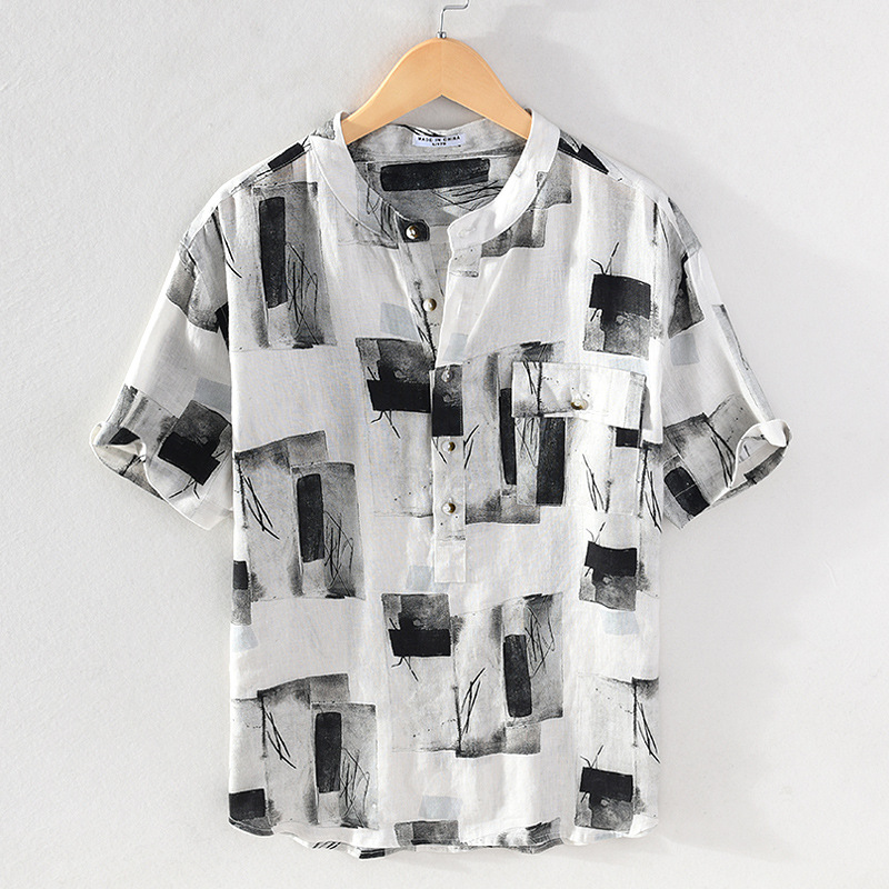 Men's Linen Short Sleeve Shirt Chinese Style Printed Pullover_voghion.com