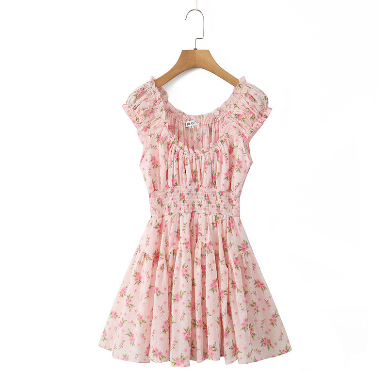 Romantic Hawaiian Style Vacation Short-Sleeved Dress French Square Neck Puff Sleeves Floral Waist Sweetheart Girl Skirt