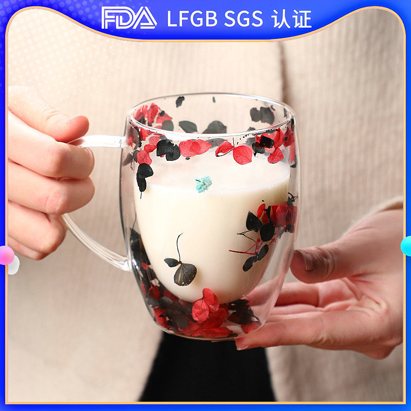Trendy Petal Flow Sand Cup with High Aesthetic Value, Heat-Resistant, Real Dried Flowers, Double-Layer Creative High Borosilicate Glass Cup with Handle