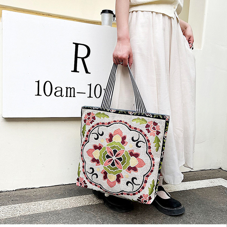 195g Weight Polyester Lining Material Zipper Closure Type Double Shoulder Straps Strap Type Canvas Bag Bags Type Holiday, Travel Occasion Canvas Material Geometric Pattern All Seasons Season Women's Gender Vacation, Ethnic Style Style Medium Size Women's Medium Canvas Geometric Vacation Ethnic Style Zipper Canvas Bag 无