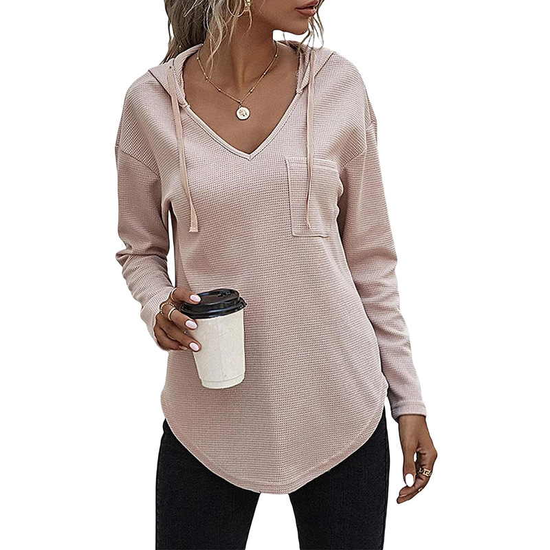 Amazon Independent Station New Women's V-Neck Long Sleeve Hoodie Waffle Sweatshirt Women's Drawstring Pullover Top Pocket
