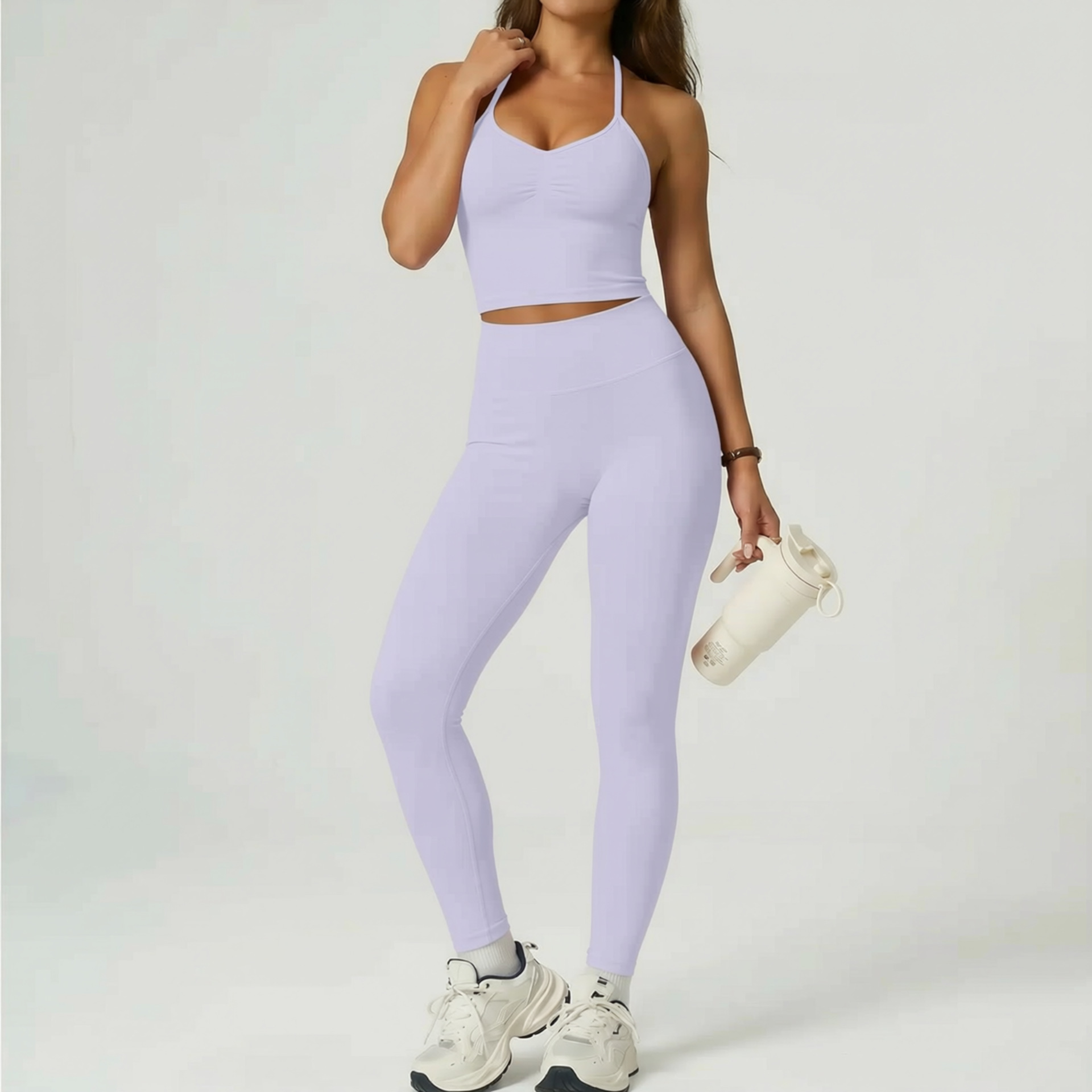 Trajes de yoga transfronterizos trajes de ejercicios colgantes cuello expuesto cintura cojín de pecho cinturón pantalones cortos pantalones de ropa interior deportiva set de yoga