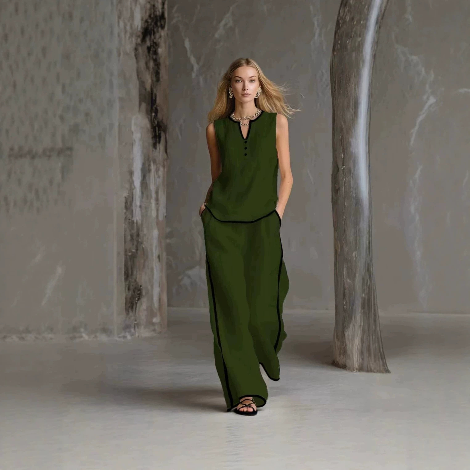 Summer Women's Sleeveless V Neck Color Block Wide Leg Pants Set Style Casual Fashion Solid Two Piece_ecoleips.com