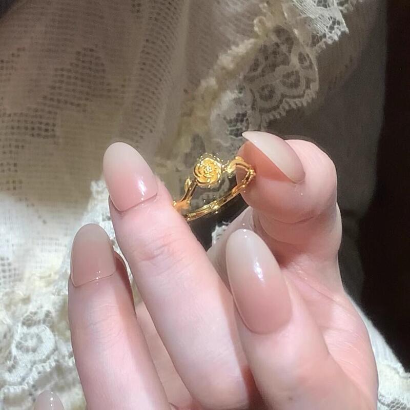 S925纯银金色玫瑰花枝戒指复古小众设计感高颜值百搭可调节指环女|undefined