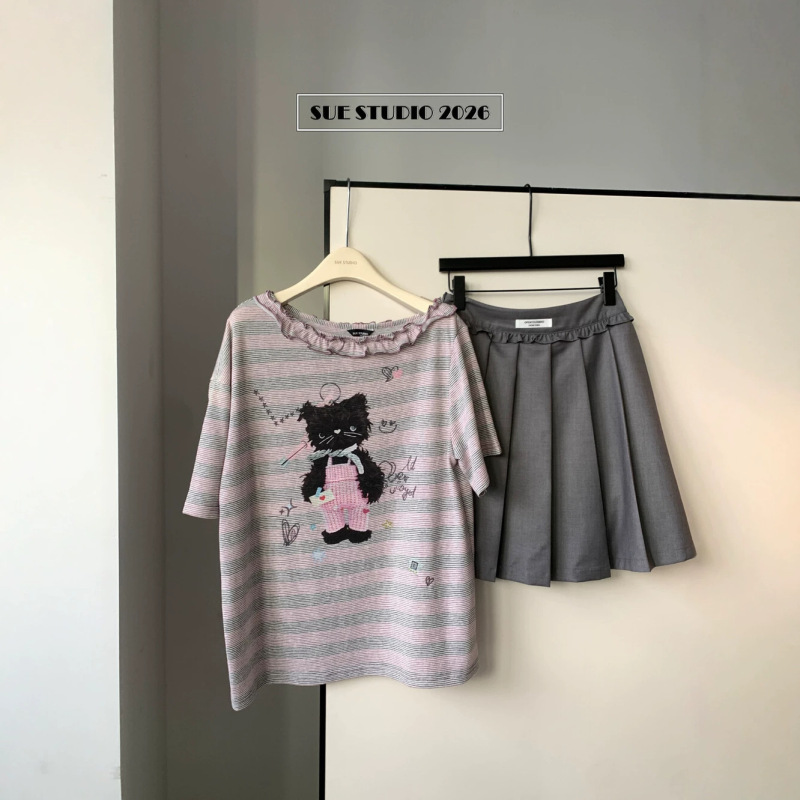 Sue Korean-Style Cute Printed Striped Off-Shoulder Lace Top Loose College Style Round Neck Short-Sleeved T-Shirt for Women 97739