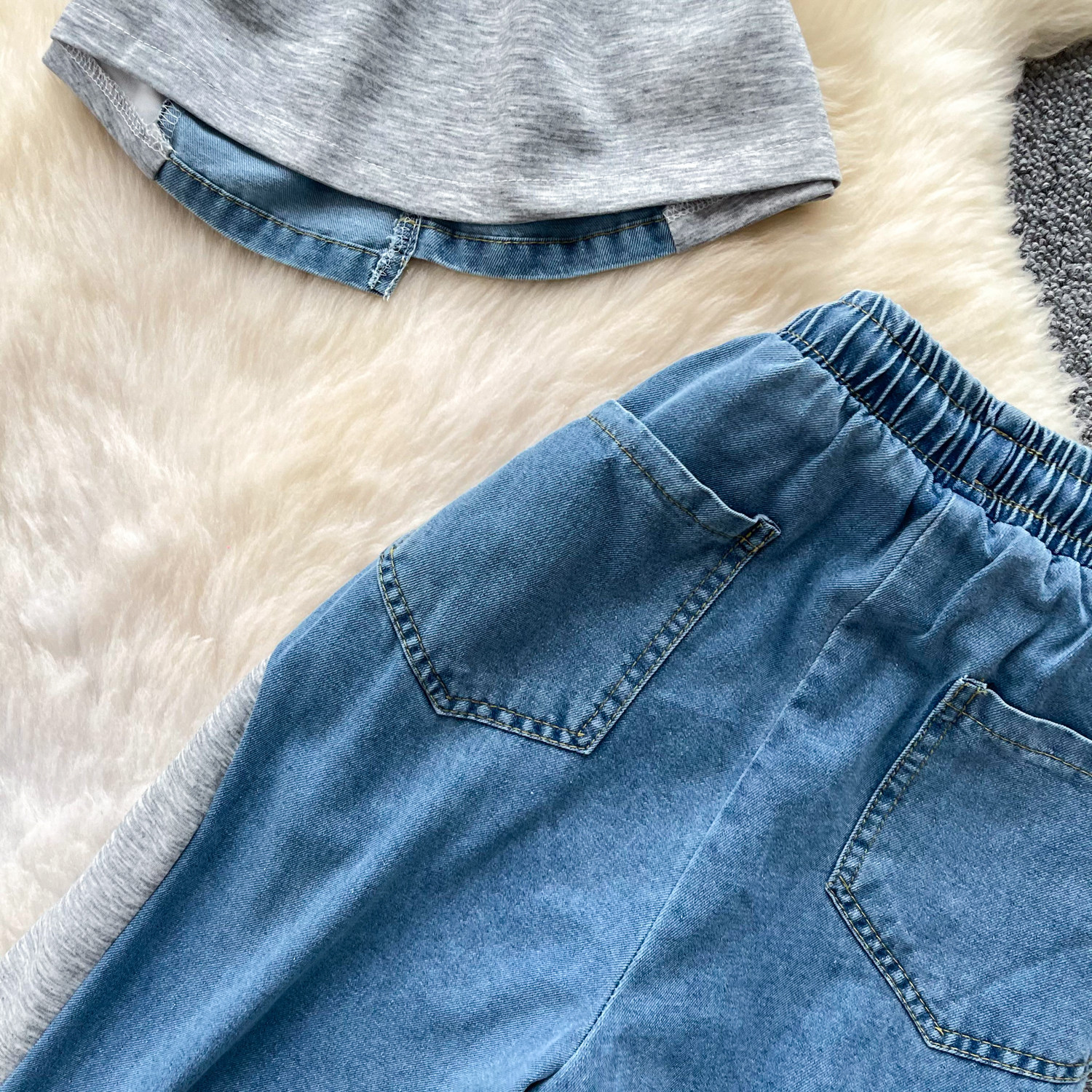 Retro Patchwork Denim Set for Women Short Sleeved Hong Kong Style Summer Casual Straight Leg Pants Two Piece Slimming Outfit_ecoleips.com
