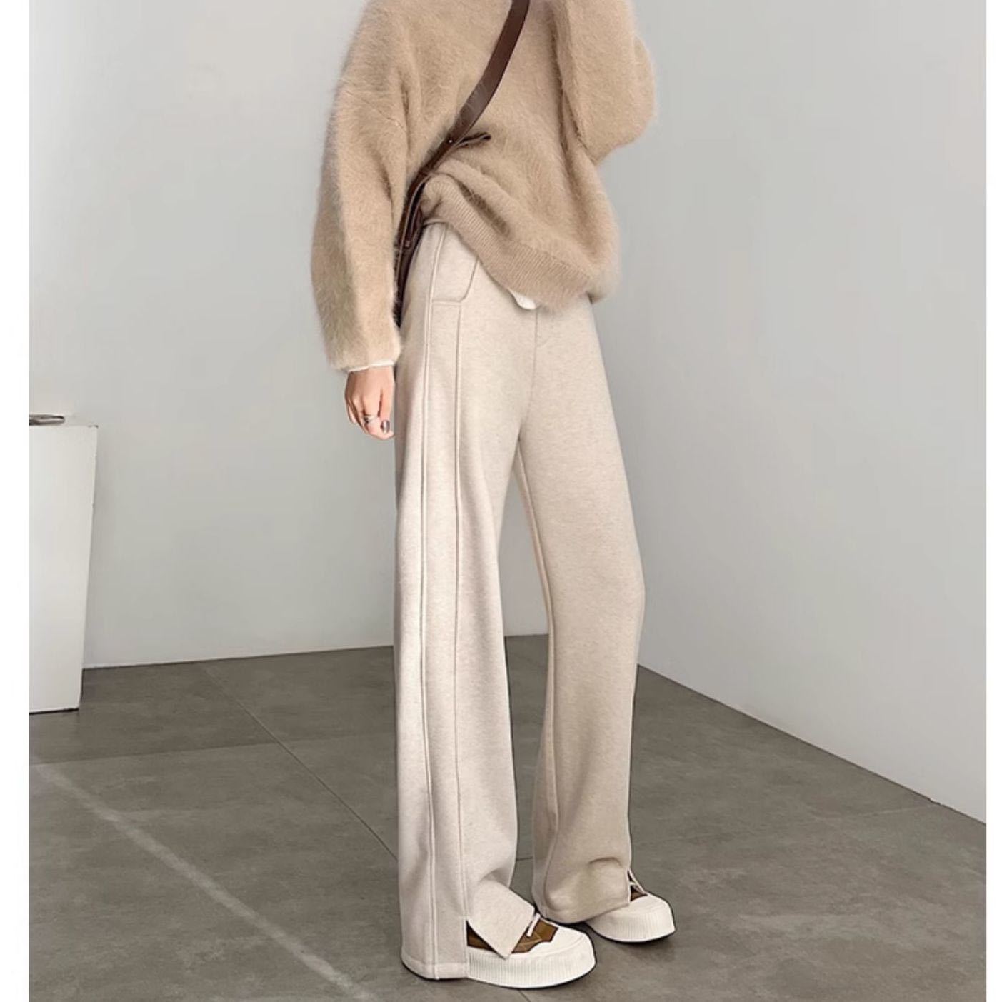 裤子女款人字纹休闲裤加绒加厚毛呢直筒阔腿裤秋冬开叉垂感长裤