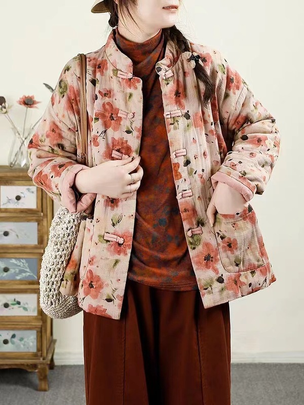 2025秋冬款复古中式盘扣印花棉衣女立领加衬夹棉保暖棉服加厚外套|undefined