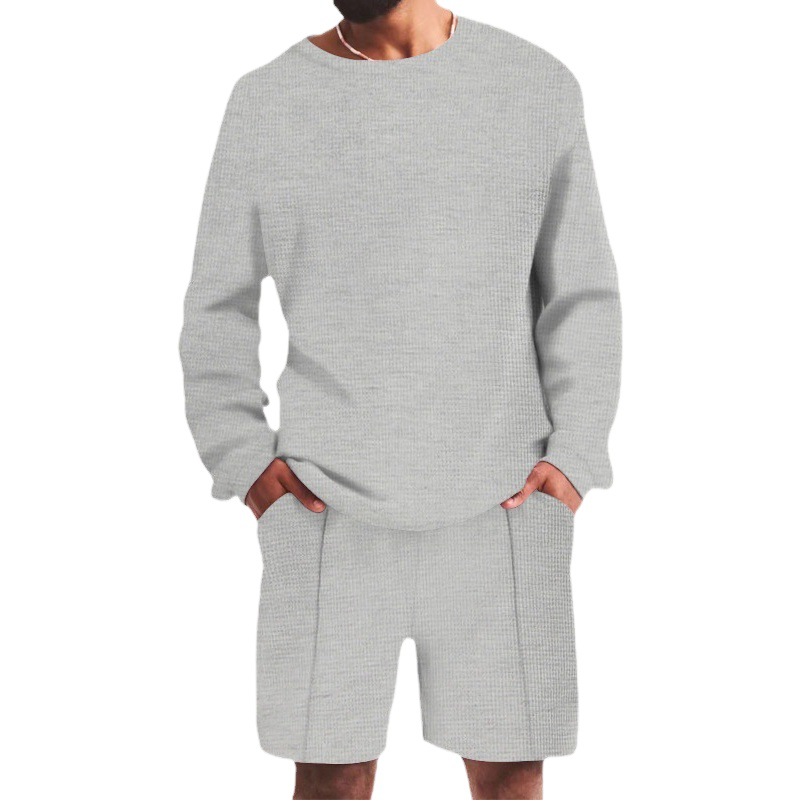 Estación independiente Camiseta europea y americana de manga larga de gofres verano traje deportivo casual de los hombres pantalones cortos de manga larga conjunto de dos piezas de los hombres