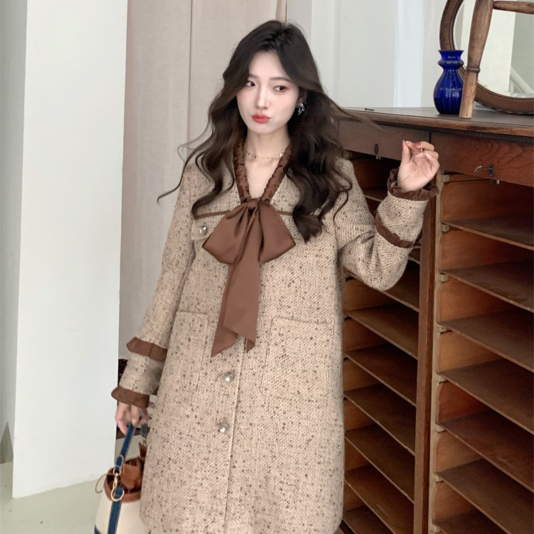 大码胖mm小香风V领蝴蝶结粗花呢连衣裙秋冬感气质中长裙200斤