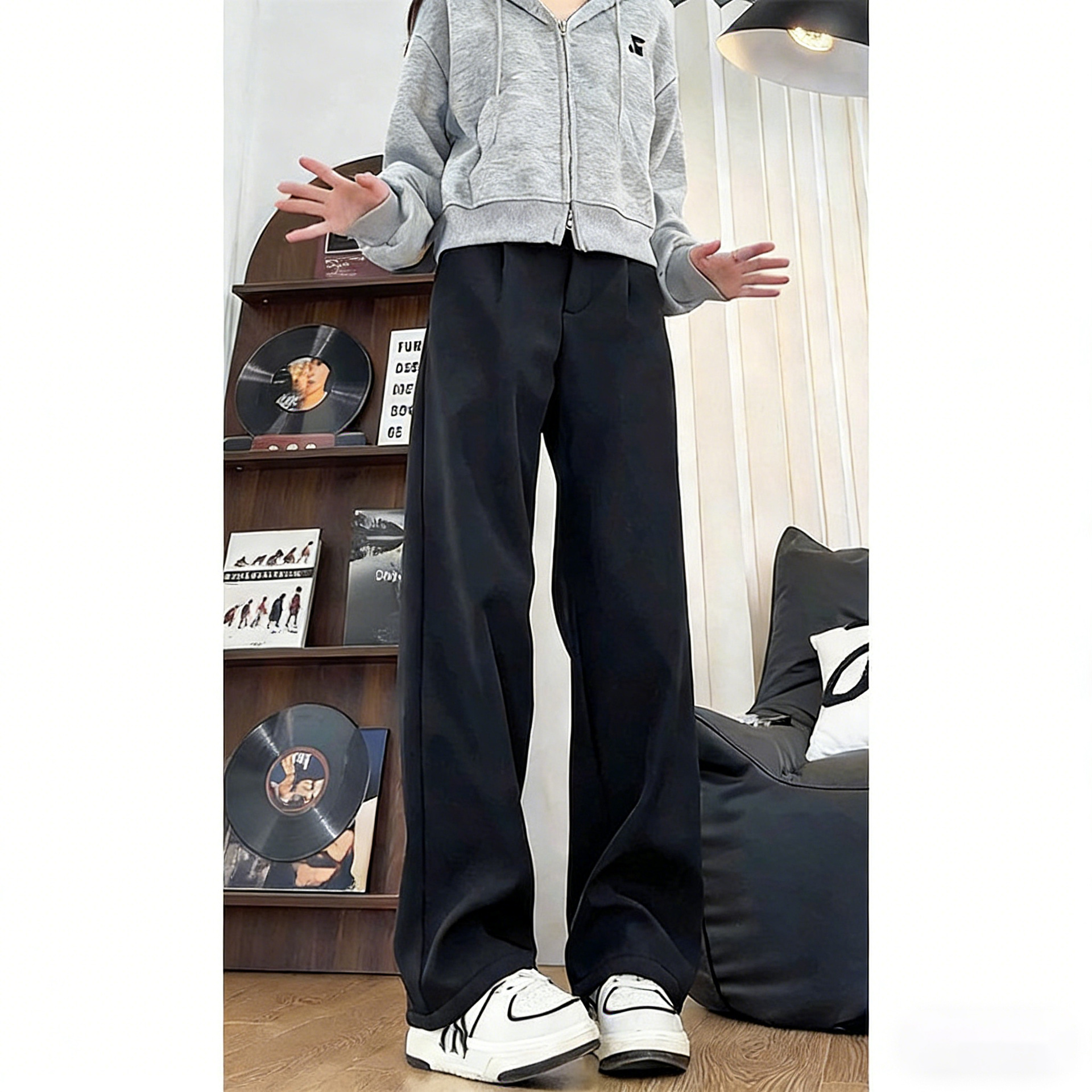 Korean-Style Design Belt Draped Small Dress Pants for Men and Women, Loose Plus-Size Autumn and Winter Fleece-Lined Straight-Leg Korean Casual Pants