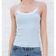 彈力純色吊帶歐美風女裝潮流新款平口上衣 蕾絲花邊拼接背心