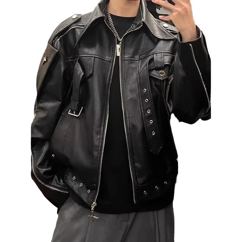 ragazzo in pelle alla moda per uomo, stile di strada europeo e americano autunnale, design di nicchia per moto J, pantaloncini di marca alla moda_voghion.com