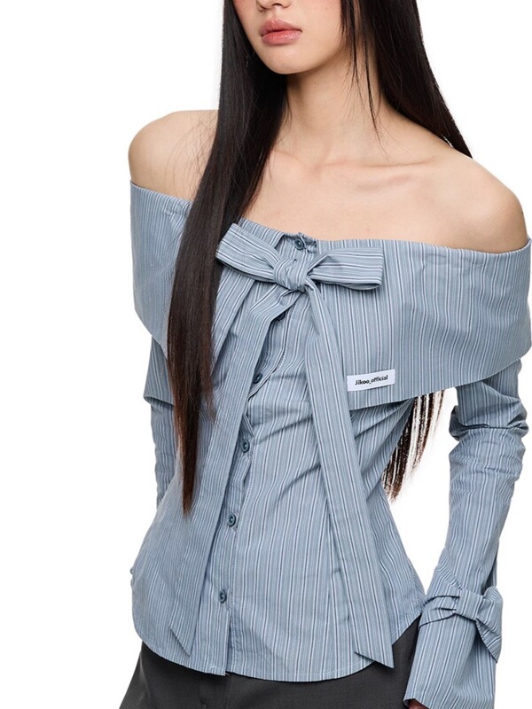 [Laurel Night] Korean Style Shirt with Bow, One-Line Collar, Off-Shoulder Waist, Hot Girl Long-Sleeved Shirt