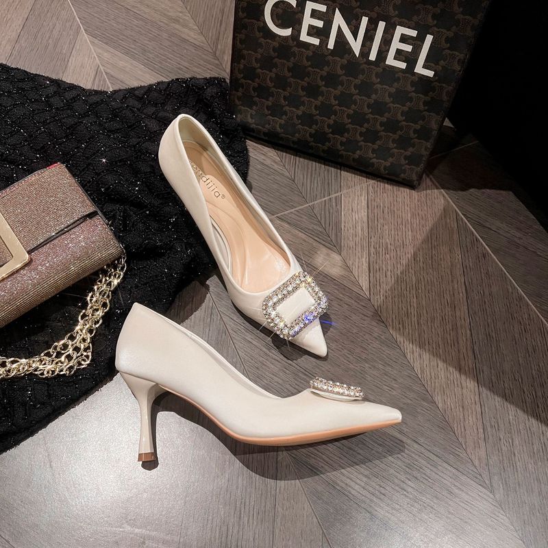 A555-28 High-heeled Shoes Women's 2024 New Commuter Style Small Square Diamond Buckle Shoes All-match Elegant Pointed Shoes