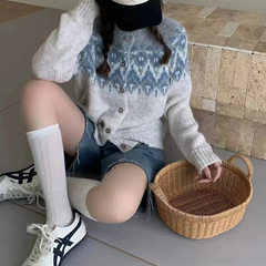 韩系复古撞色提花毛衣外套女士秋冬新款慵懒宽松软糯针织开衫上衣