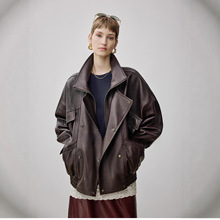 2025秋冬新款进口绵羊泡皮复古皮衣双层翻领分割线皮衣廓形皮夹克