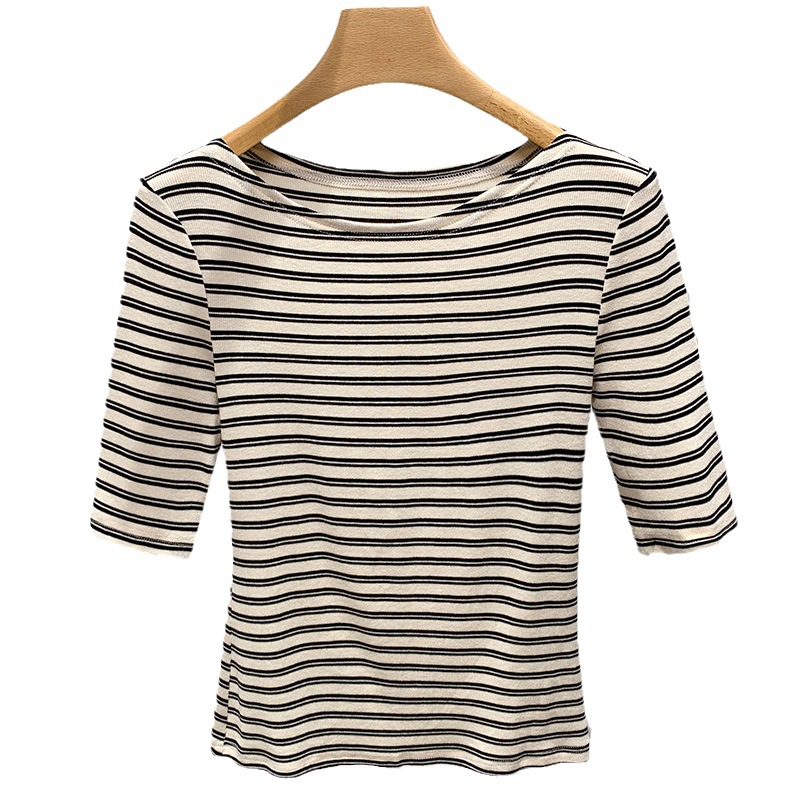 Camiseta de manga media de las mujeres 2023 nueva ropa de mujer europea clásica camiseta de media manga a rayas temperamento fuera del hombro cintura superior