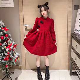 女童加绒连衣裙冬季中国风过年旗袍裙儿童公主红色新年裙子拜年服