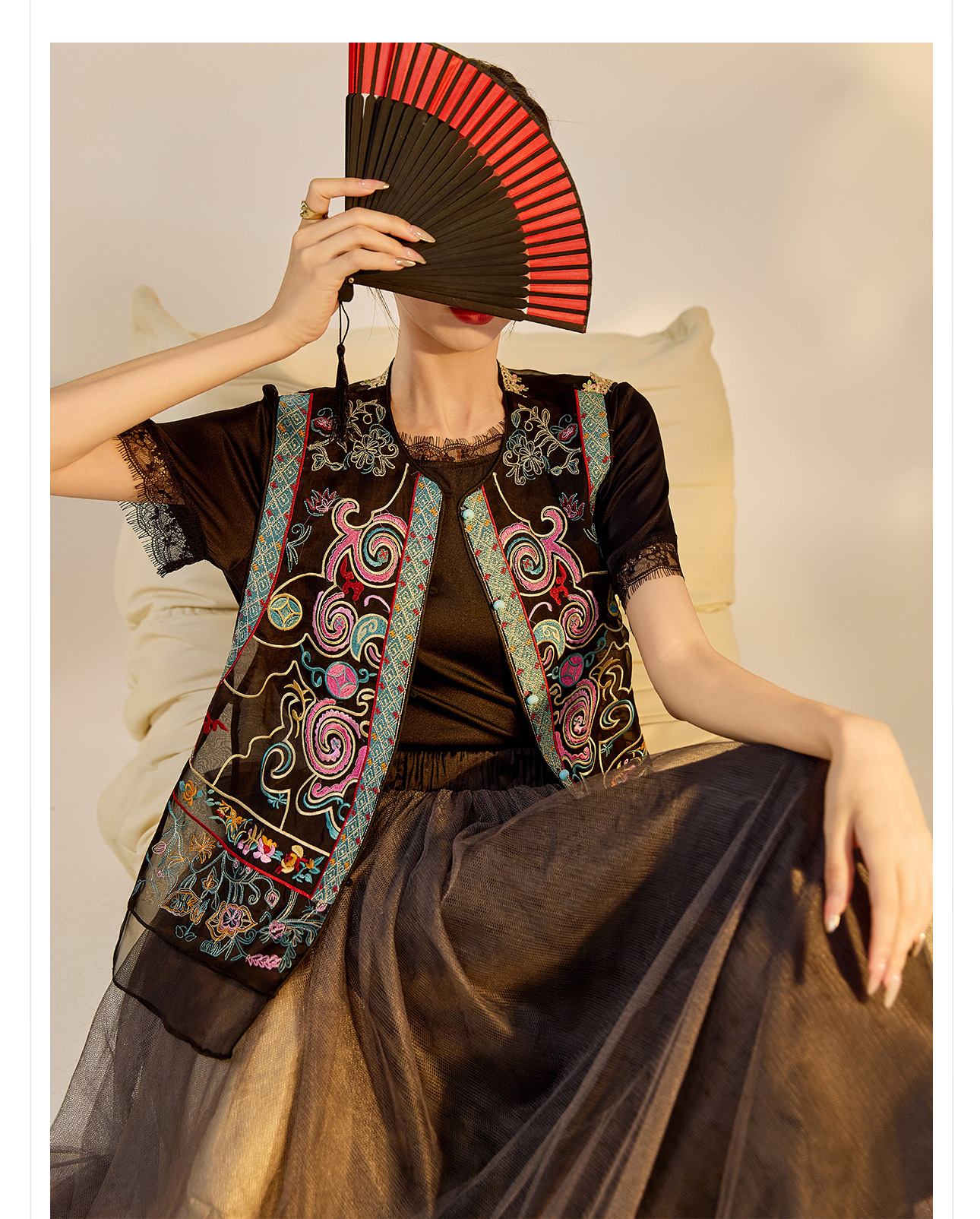 Áo vest cổ đứng phong cách retro Trung Hoa, thiết kế thêu, chất liệu tơ dâu tằm, mẫu ZX N4045 — Màu đen, Hồng mơ chi tiết 16