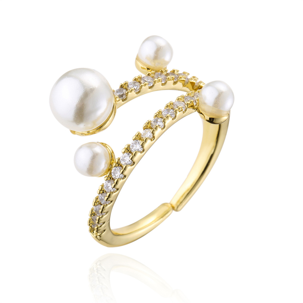 plated 18K gold microencrusted zircon pearl geometric open copper ring femalepicture4