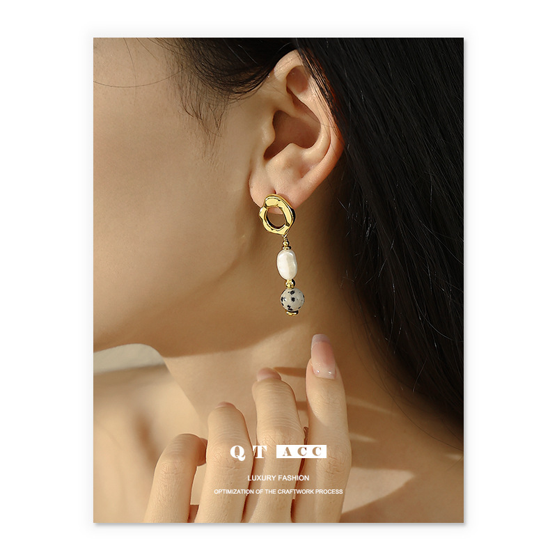 Brass brand fashionable retro organic earrings from pearl