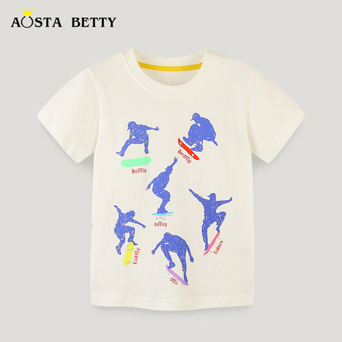 2024 Summer Boys Short Sleeve T-Shirt Cartoon Skateboard Boy Print Casual Top Baby Cotton Base Shirt