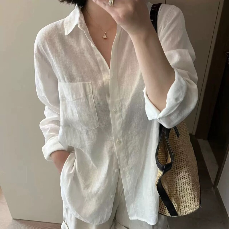 リネン100！縁！ヨーロッパへ行く！女性用のシンプルで多用途なラペルシングルブレスト長袖ルーズシャツ|undefined