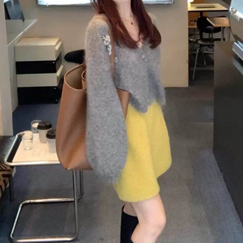 现货Echoo 高品质马海毛针织开衫感时尚灰色毛衣女外套20205冬季