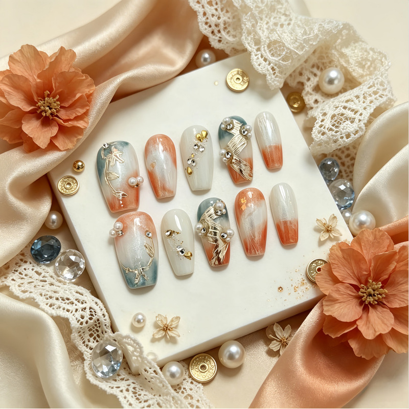 Gilded gradient with gold foil accents, light luxury versatile manicure, gradient layered rhinestones, wearable nail tips, purely handmade, versatile nail design Gilded gradient with gold foil accents, light luxury versatile manicure, gradient layered rhinestones, wearable nail tips, purely handmade, versatile nail design