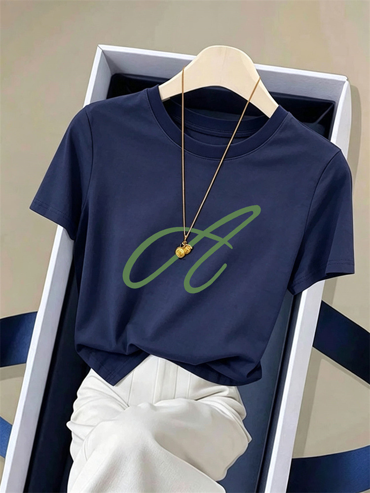 Summer 2026 New Korean Style Fashionable Versatile Stylish Navy Blue Top with Regular Shoulders, Pure Cotton, Round Neck, Short-Sleeved T-Shirt for Women