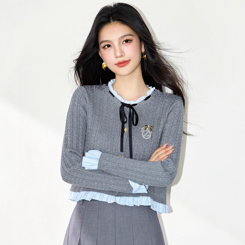 R5331灰色假两件针织开衫女秋季新款学院风边拼接显瘦上衣ins|undefined