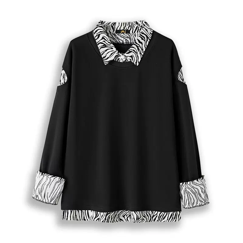 130-320大码女装加绒卫衣假两件2025秋冬款胖mm西装领高级斑马纹